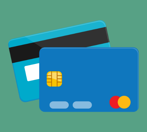 Two credit cards, one blue with a chip and another with a black stripe.